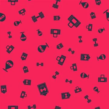 Set Sport training program, Dumbbell, Location gym and bag on seamless pattern 스톡 일러스트