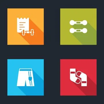 Set Sport training program, Dumbbell, Short pants and Socks icon. Vector 库存插图