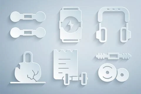 Set Sport training program, Headphones, Broken weight, Barbell, Energy drink and Stock-Illustration