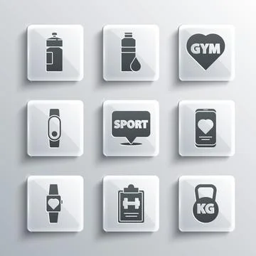 Set Sport training program Kettlebell Mobile with heart rate Location gym Sma 库存插图