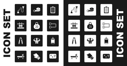 Set Sport training program, Kettlebell, Bench with barbel, Chest expander, .. Stock Illustration