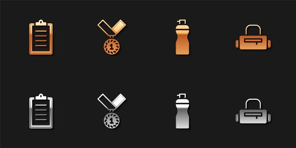 Set Sport training program, Medal, Fitness shaker and bag icon. Vector Illustrazione stock