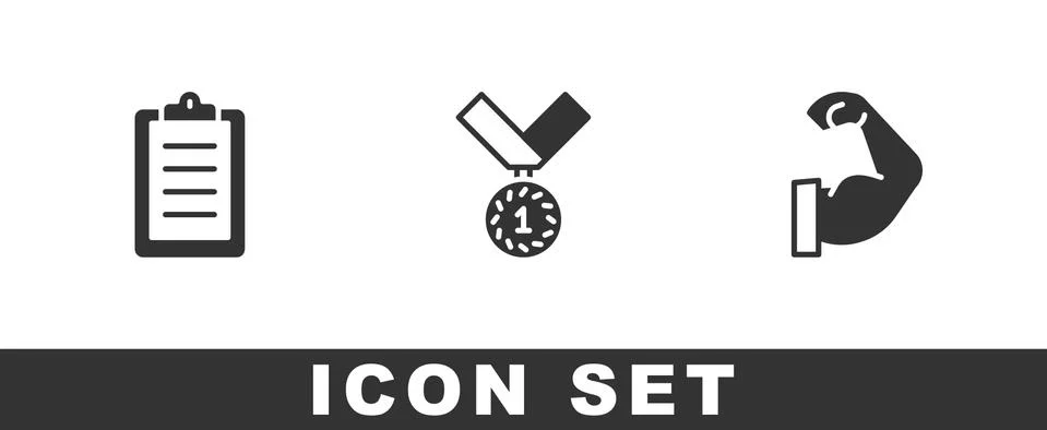Set Sport training program, Medal and Bodybuilder muscle icon. Vector Stock Illustration