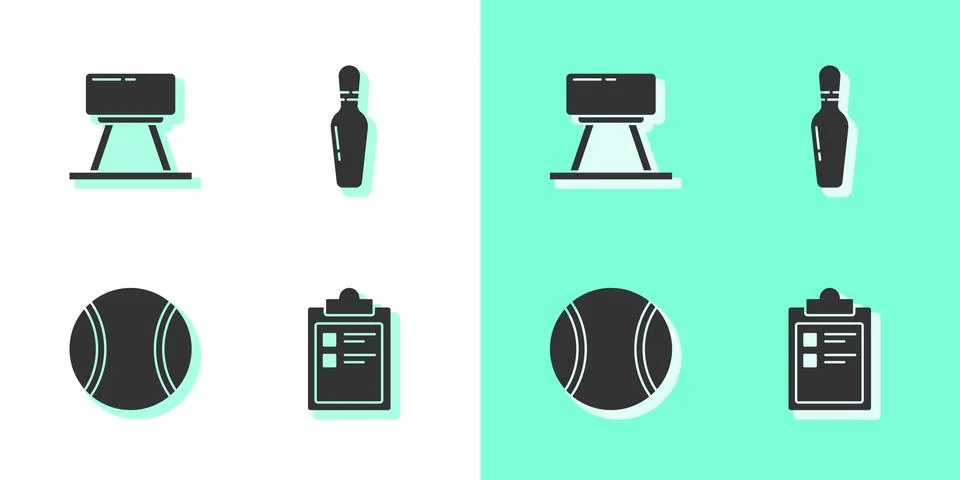 Set Sport training program, Pommel horse, Tennis ball and Bowling pin icon Illustrazione stock