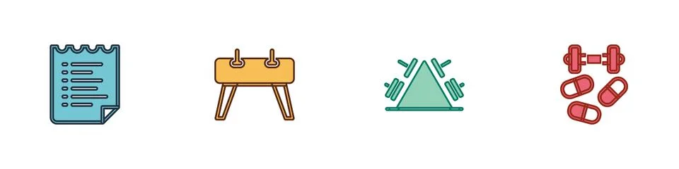 Set Sport training program, Pommel horse, Metal rack with weight and Sports d Stock-Illustration
