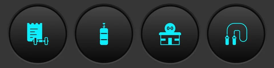 Set Sport training program, Punching bag, Gym building and Jump rope icon. Ve Stock Illustration