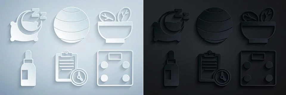 Set Sport training program, Salad bowl, Essential oil bottle, Bathroom scales Stock-Illustration