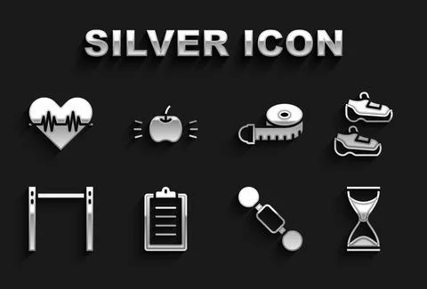 Set Sport training program, sneakers, Old hourglass, Dumbbell, Horizontal bar Illustrazione stock