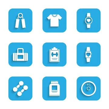 Set Sport training program, Sports nutrition, Weight plate, Smartwatch, Dumbbell Stock Illustration
