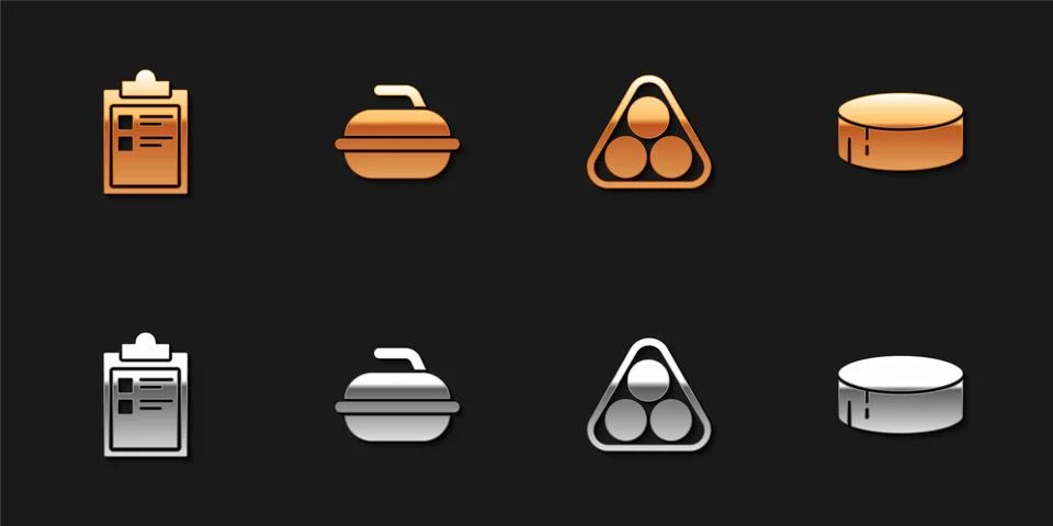 Set Sport training program, Stone for curling sport game, Billiard balls rack Stock Illustration