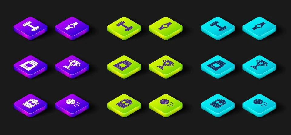 Set Sport training program, Tennis ball, Sports nutrition, Award cup, Smartwatch Stock-Illustration