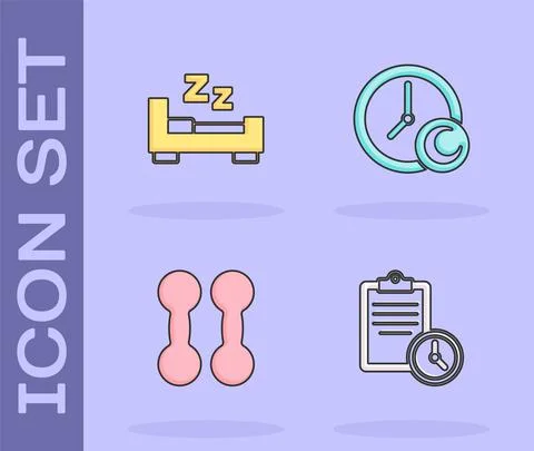 Set Sport training program, Time to sleep, Dumbbell and icon. Vector 스톡 일러스트