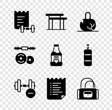 Set Sport training program, Uneven bars, Broken weight, Dumbbell, bag, Barbell Illustrazione stock