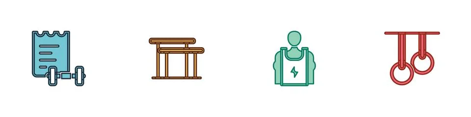 Set Sport training program, Uneven bars, Bodybuilder and Gymnastic rings icon 스톡 일러스트