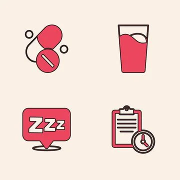 Set Sport training program, Vitamin pill, Glass with water and Sleepy icon Stock Illustration