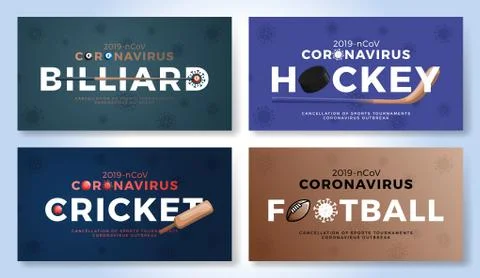 Set of sport vector banner caution coronavirus. Billiard, hockey, cricket, am Illustrazione stock