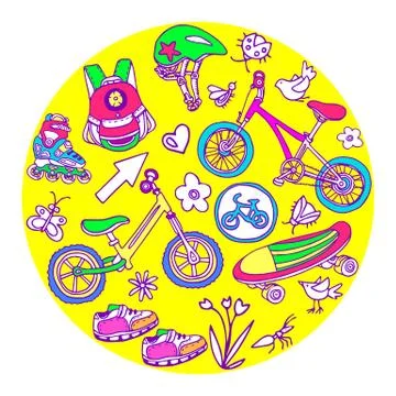 Set of sporting goods for kids. Vector illustration. Symbol in circle. Scoote Stock-Illustration