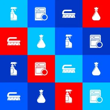 Set Spray bottle with detergent liquid, Kitchen dishwasher machine, Brush for Stock Illustration