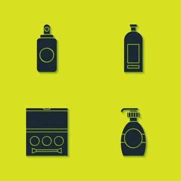 Set Spray can, Bottle of liquid soap, Eye shadow palette and shampoo icon. Ve Stock Illustration