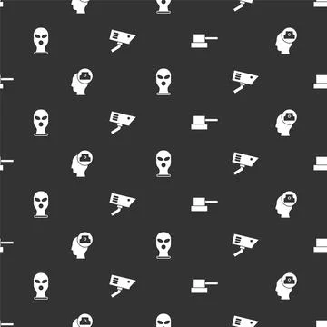 Set Spray can nozzle cap, , Balaclava and Security camera on seamless pattern Illustrazione stock