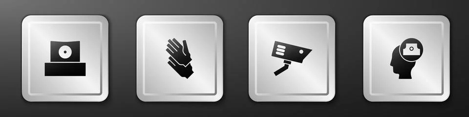 Set Spray can nozzle cap, Rubber gloves, Security camera and icon. Silver square Stock Illustration