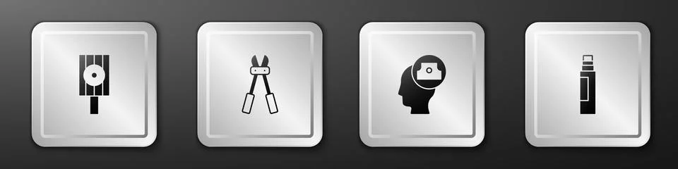 Set Spray can nozzle cap, Bolt cutter, and Marker pen icon. Silver square button Illustration