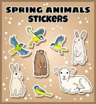 Set of spring animals stickers. Label doodles collection Stock Illustration