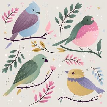 Set of spring birds Different beautiful birdie with flowers and branch Cartoon イラスト素材