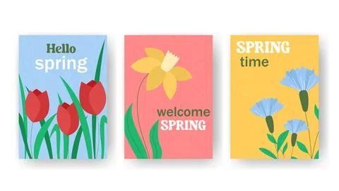 Set of spring cards with flowers and text Stock Illustration