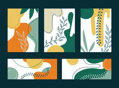 Set of spring collages hand drawn organic shapes and leaves on white backgrou Stock Illustration