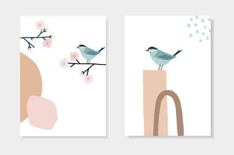 Set of spring, Easter artistic greeting cards, invitations. Bird sitting on イラスト素材