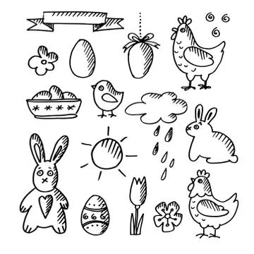 Set of spring easter doodle sketches, icons, isolated vector illustrations Stock Illustration