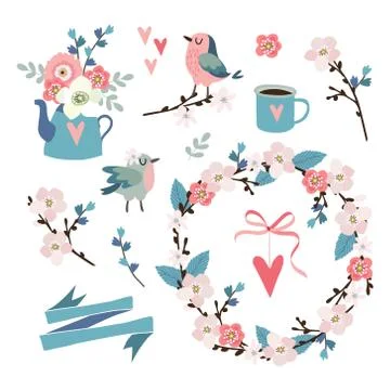 Set of spring, Easter or wedding icons, clip-arts. Flowers, cherry blossoms Stock Illustration