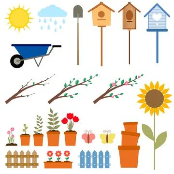 A set of spring elements, birdhouses, flowers, twigs, sunflower, garden 库存插图