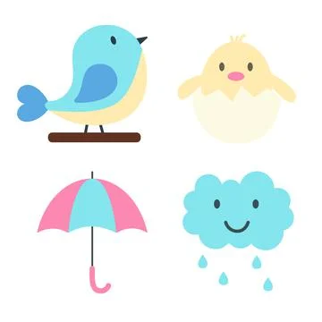 Set of spring elements. Blue bird, chick in egg, umbrella and smiling cloud with Illustrazione stock