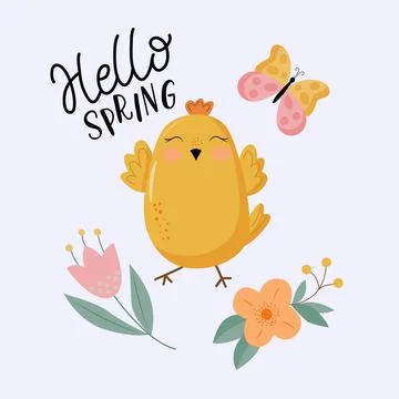 Set of spring elements - chick, flowers, butterfly Illustrazione stock