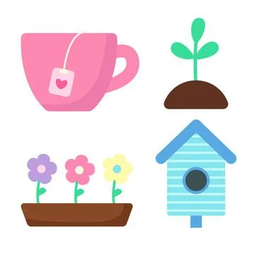 Set of spring elements. Cup with tea, young plant, flowers in pot and birdhouse Stock Illustration