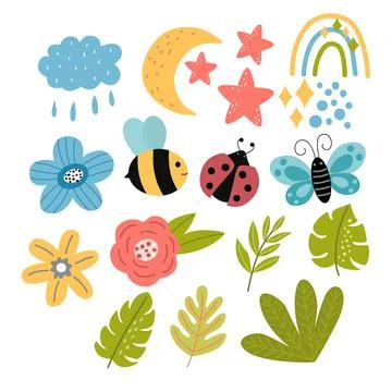 Set of spring elements - flowers, bee, butterfly Stock Illustration