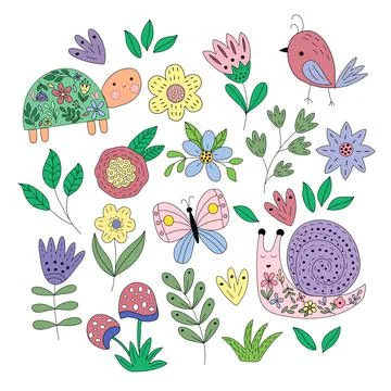 Set of spring elements, flowers, leaves, butterfly Stock Illustration