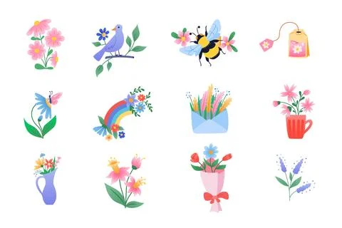 Set of spring elements with flowers, plants and insects Stock Illustration