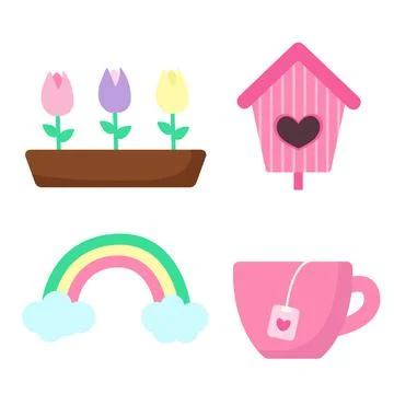 Set of spring elements. Flowers in pot, bird house, rainbow and cup with tea 库存插图