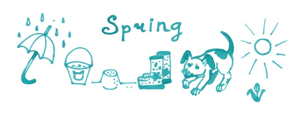 Set of Spring elements. Hand drawn illustration. Pen markers. Illustrazione stock