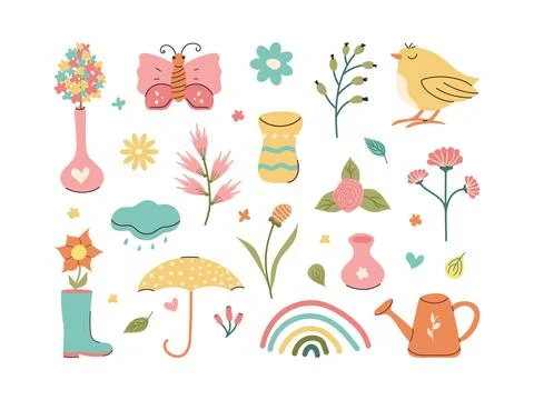 Set of spring elements for hand-drawn decorations. Bird rainbow vases umbrell Stock Illustration