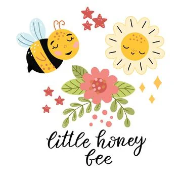 Set of spring elements - leaves, flowers, bee, sun Stock Illustration
