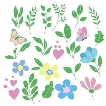 Set of spring elements - pink, yellow, blue flowers leaves and butterfly in Stock Illustration
