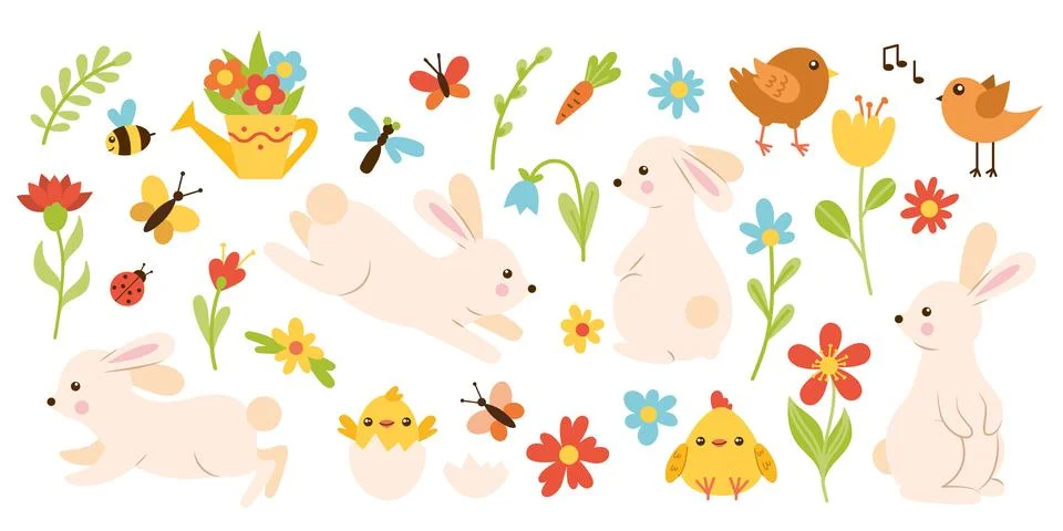 Set of spring elements with rabbits, flowers, butterflies, chickens, birds .. Stock Illustration