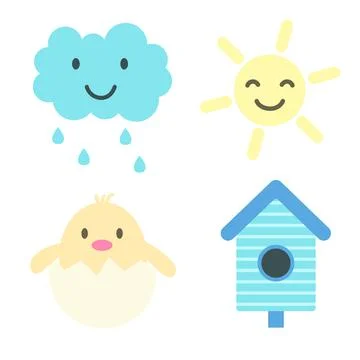 Set of spring elements. Smiling cloud, sun, baby bird in egg and birdhouse Illustrazione stock