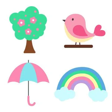 Set of spring elements. Tree with spring flowers, pink bird, umbrella and Stock Illustration