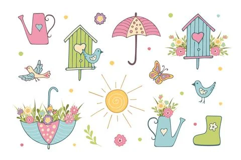 Set of Spring flat elements on white background. Stock Illustration
