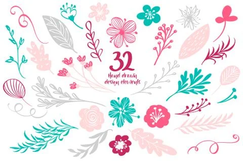 Set of Spring Floral Decor. Vector Elements Collection with Leafs and Flowers Stock Illustration